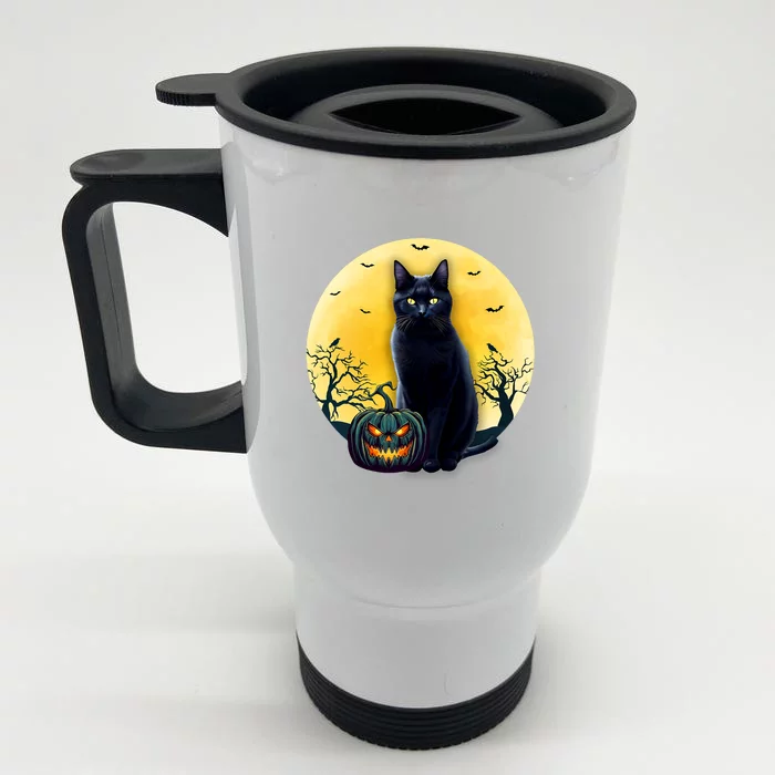 Black Cat Halloween Pumpkin Costume For Kids Front & Back Stainless Steel Travel Mug