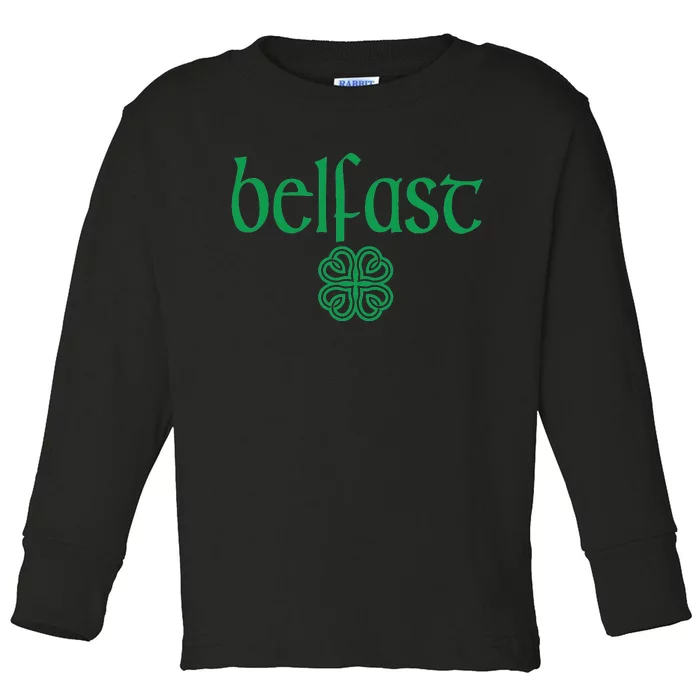 Belfast Clover Hearts Irish Text Green Toddler Long Sleeve Shirt