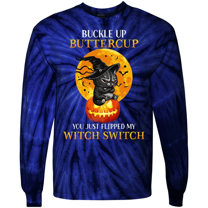 Buttercup Cats Halloween Scary Black Cat Witch Hat Womens Gift Tie-Dye Long Sleeve Shirt