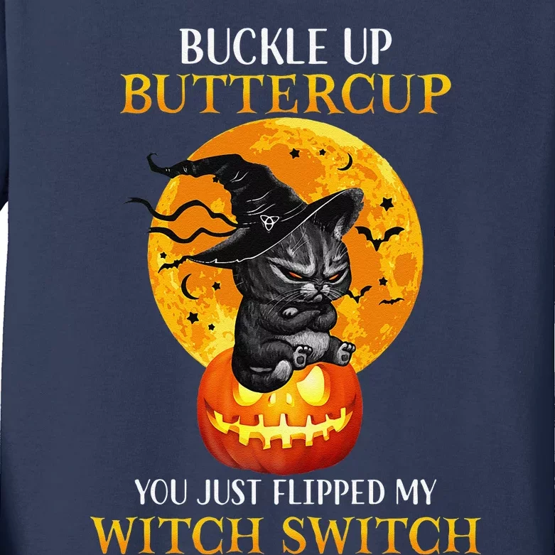 Buttercup Cats Halloween Scary Black Cat Witch Hat Womens Gift Kids Long Sleeve Shirt