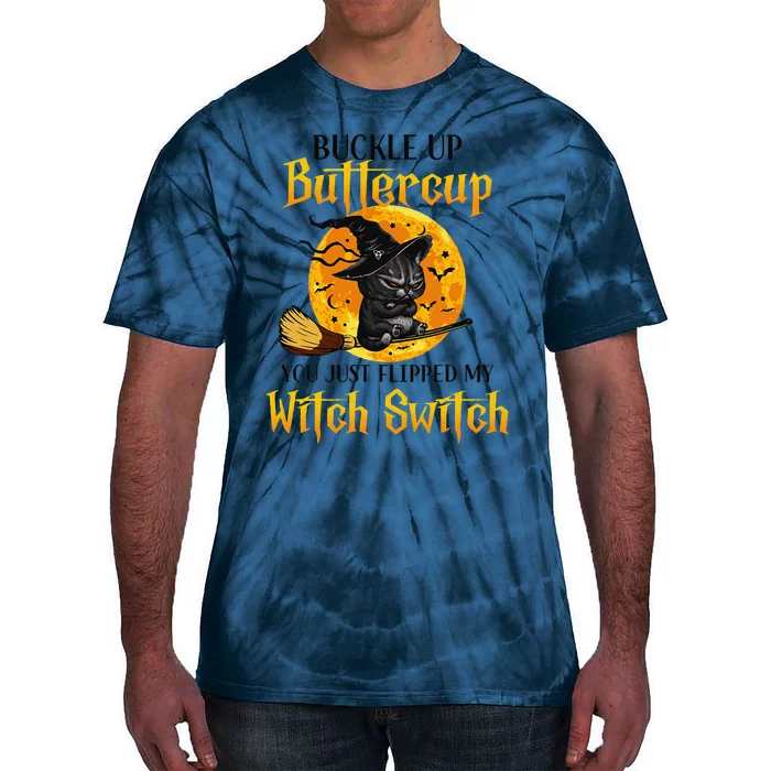 Buttercup Cats Halloween Scary Black Cat Witch Hat Womens Tie-Dye T-Shirt