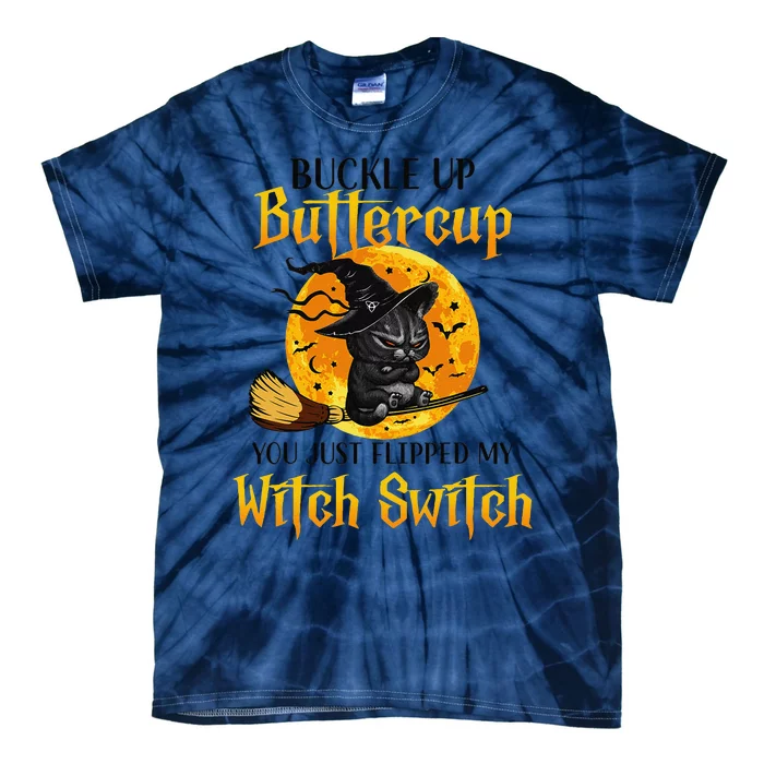 Buttercup Cats Halloween Scary Black Cat Witch Hat Womens Tie-Dye T-Shirt