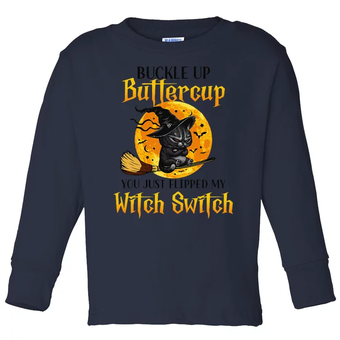 Buttercup Cats Halloween Scary Black Cat Witch Hat Womens Toddler Long Sleeve Shirt