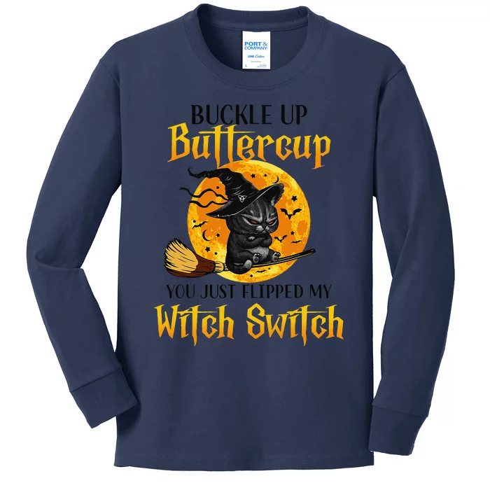 Buttercup Cats Halloween Scary Black Cat Witch Hat Womens Kids Long Sleeve Shirt