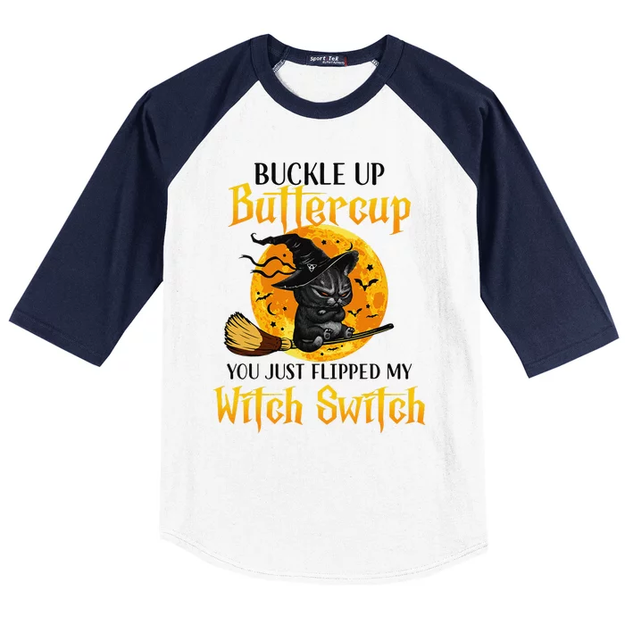 Buttercup Cats Halloween Scary Black Cat Witch Hat Baseball Sleeve Shirt