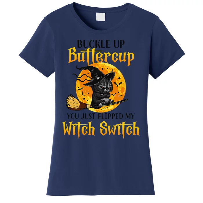 Buttercup Cats Halloween Scary Black Cat Witch Hat Women's T-Shirt