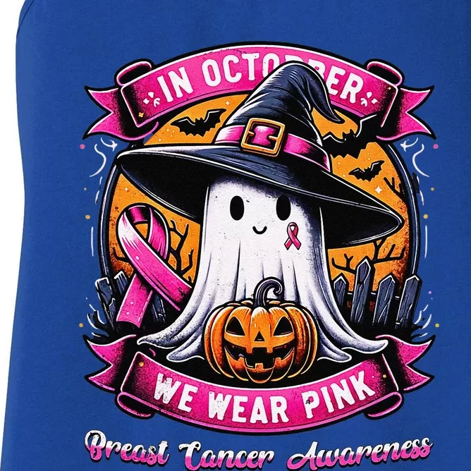 Breast Cancer Halloween In October We Wear Pin.K Ghost Witch Women's Racerback Tank