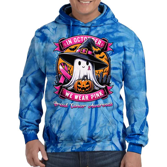 Breast Cancer Halloween In October We Wear Pin.K Ghost Witch Tie Dye Hoodie