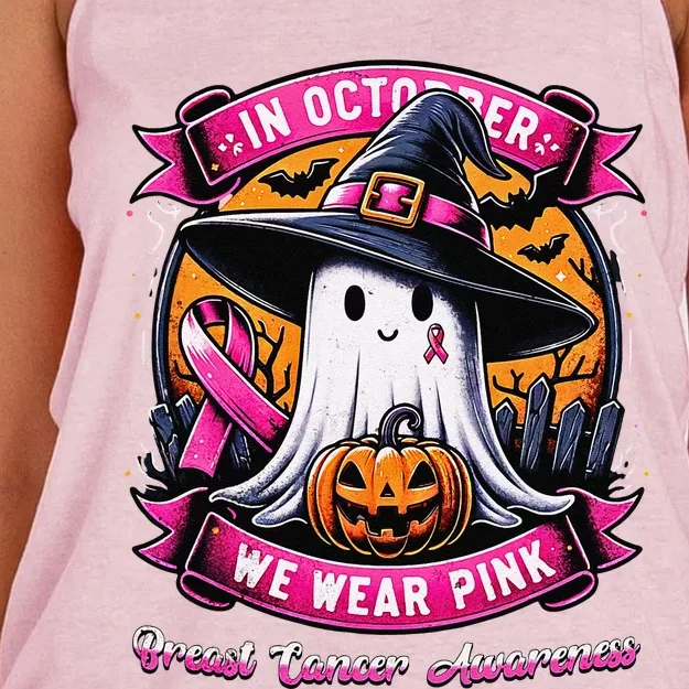 Breast Cancer Halloween In October We Wear Pin.K Ghost Witch Women's Knotted Racerback Tank