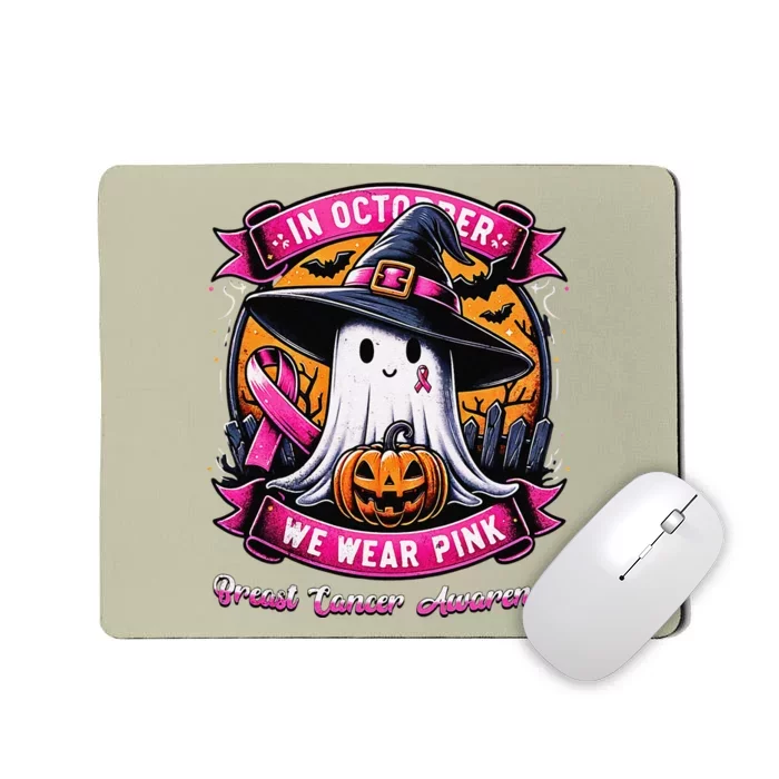 Breast Cancer Halloween In October We Wear Pin.K Ghost Witch Mousepad