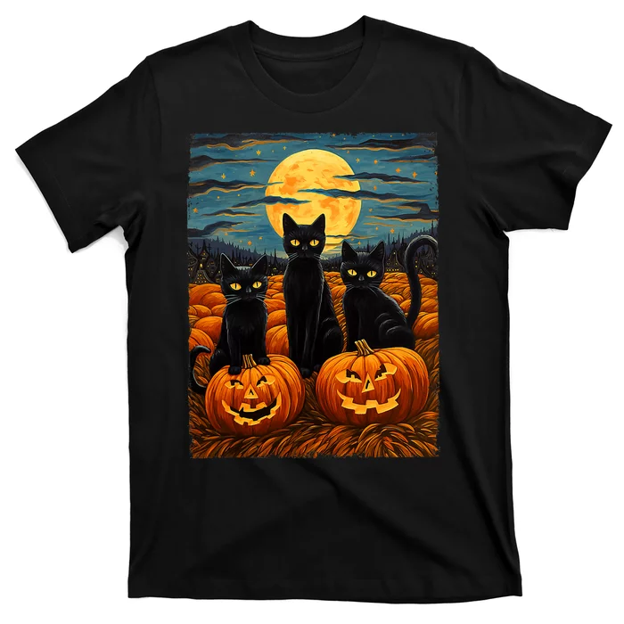 Black Cat Halloween Cat Lovers Starry Night Cat Van Gogh Cat T-Shirt