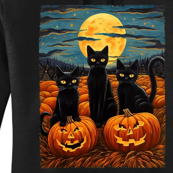 Black Cat Halloween Cat Lovers Starry Night Cat Van Gogh Cat Women's Pullover Hoodie