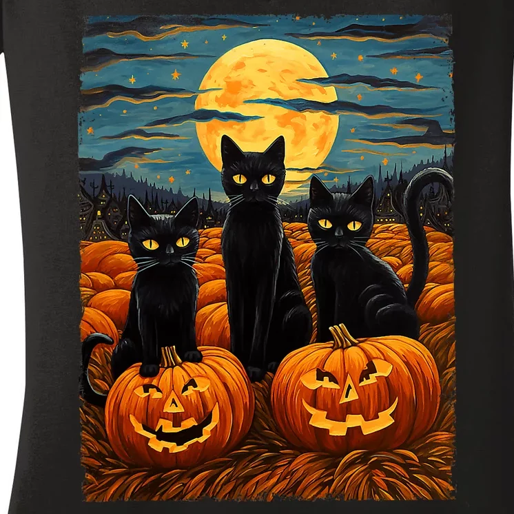 Black Cat Halloween Cat Lovers Starry Night Cat Van Gogh Cat Women's V-Neck T-Shirt