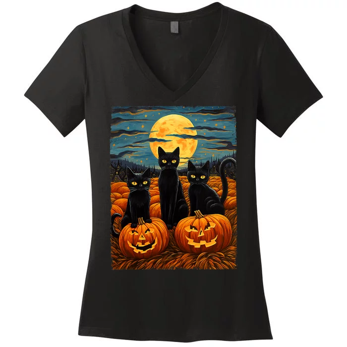 Black Cat Halloween Cat Lovers Starry Night Cat Van Gogh Cat Women's V-Neck T-Shirt