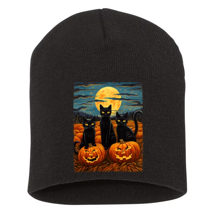 Black Cat Halloween Cat Lovers Starry Night Cat Van Gogh Cat Short Acrylic Beanie