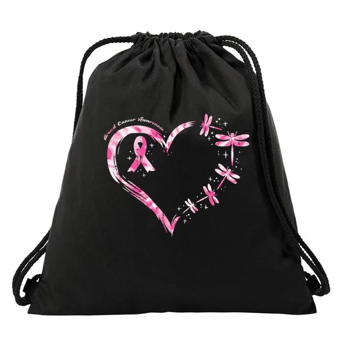 Breast Cancer Heart Dragonflies Awareness Drawstring Bag