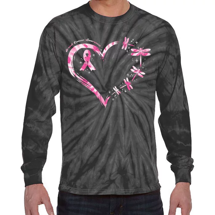 Breast Cancer Heart Dragonflies Awareness Tie-Dye Long Sleeve Shirt