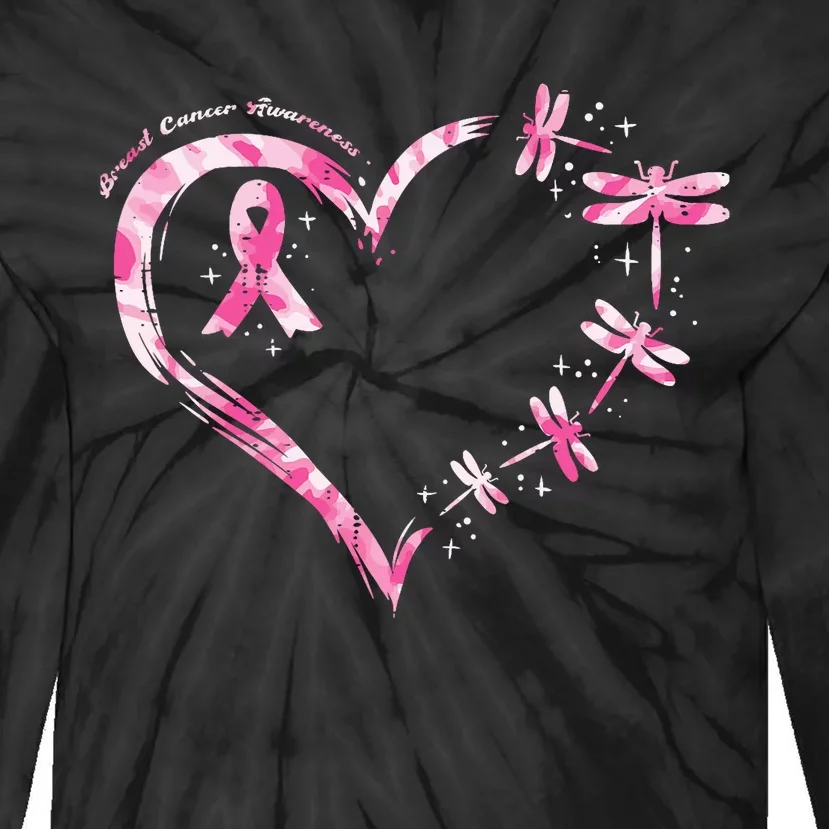 Breast Cancer Heart Dragonflies Awareness Tie-Dye Long Sleeve Shirt