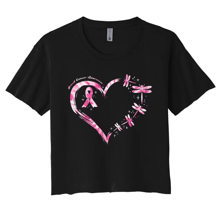 Breast Cancer Heart Dragonflies Awareness Women's Crop Top Tee