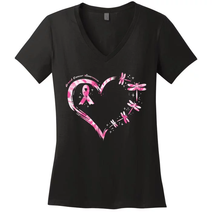 Breast Cancer Heart Dragonflies Awareness Women's V-Neck T-Shirt