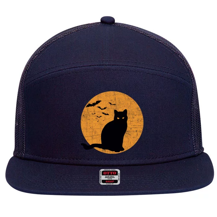 Black Cat Halloween Moon 7 Panel Mesh Trucker Snapback Hat