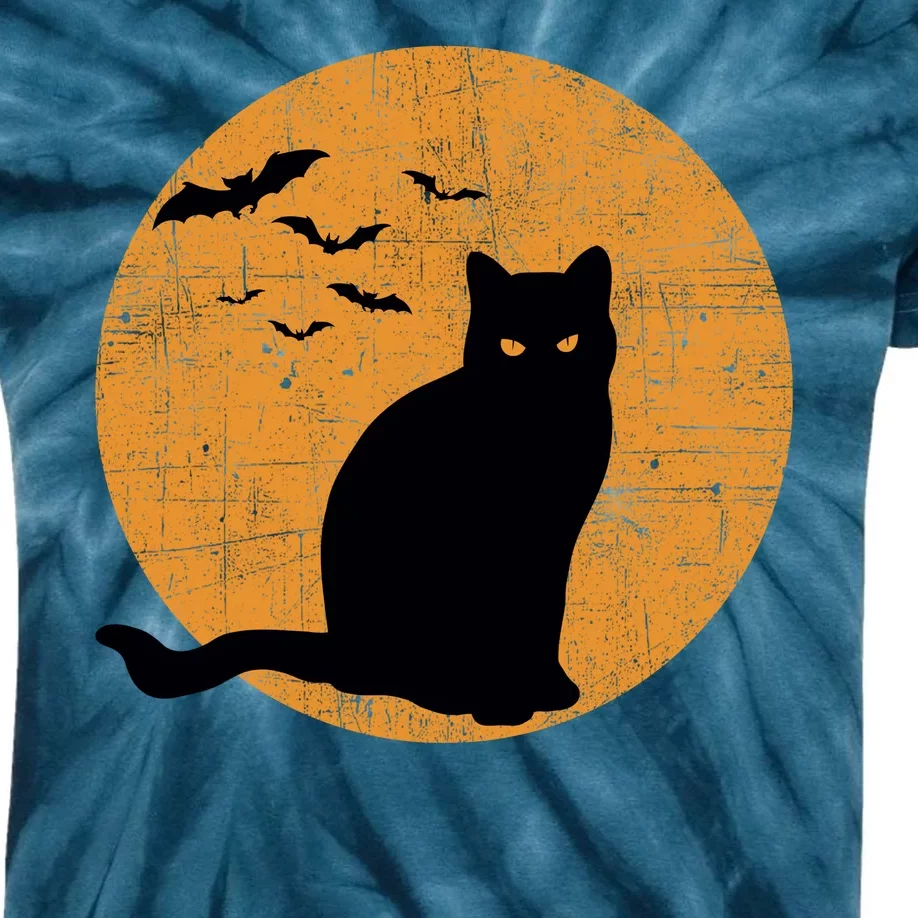 Black Cat Halloween Moon Kids Tie-Dye T-Shirt