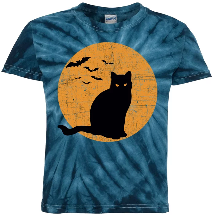 Black Cat Halloween Moon Kids Tie-Dye T-Shirt