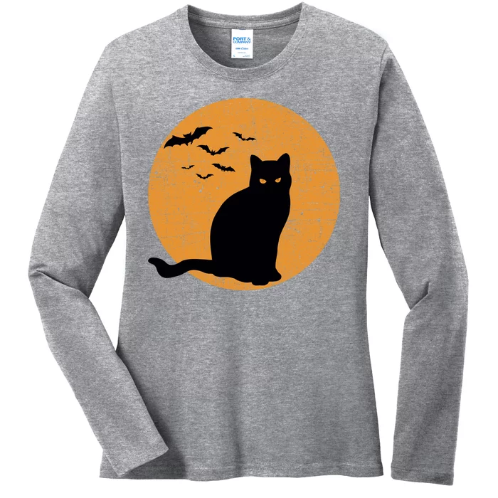 Black Cat Halloween Moon Ladies Long Sleeve Shirt