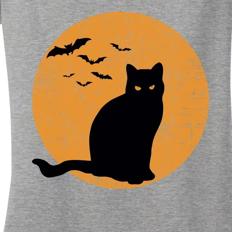 Black Cat Halloween Moon Women's V-Neck T-Shirt