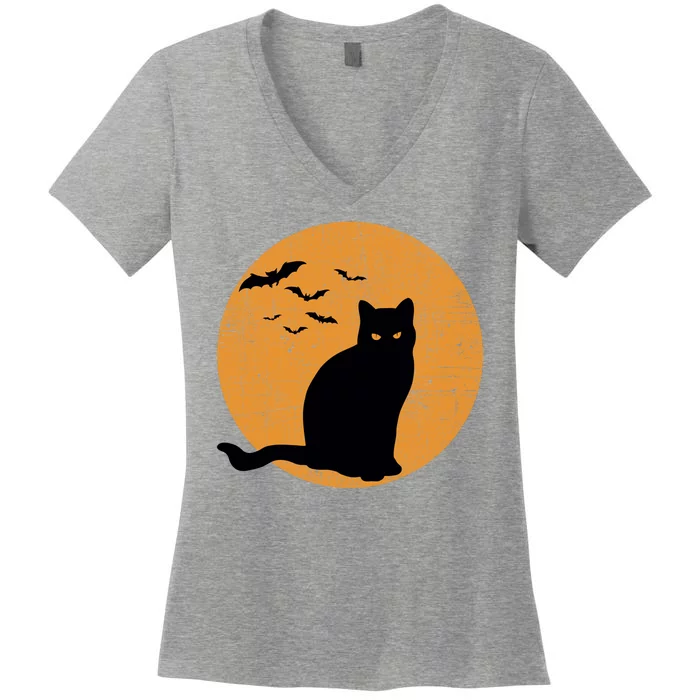 Black Cat Halloween Moon Women's V-Neck T-Shirt