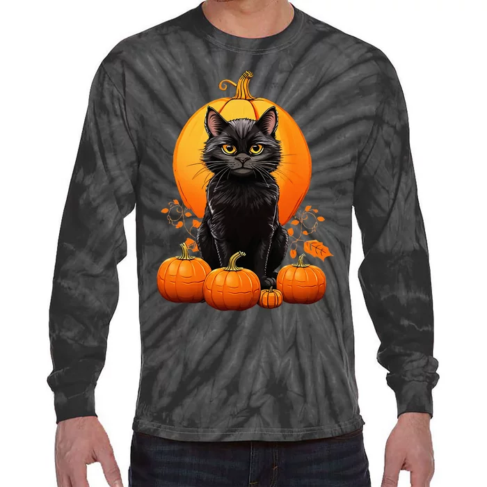 Black Cat Halloween Pumpkin Costume Tie-Dye Long Sleeve Shirt