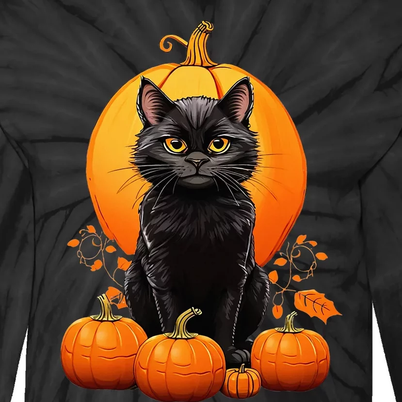 Black Cat Halloween Pumpkin Costume Tie-Dye Long Sleeve Shirt