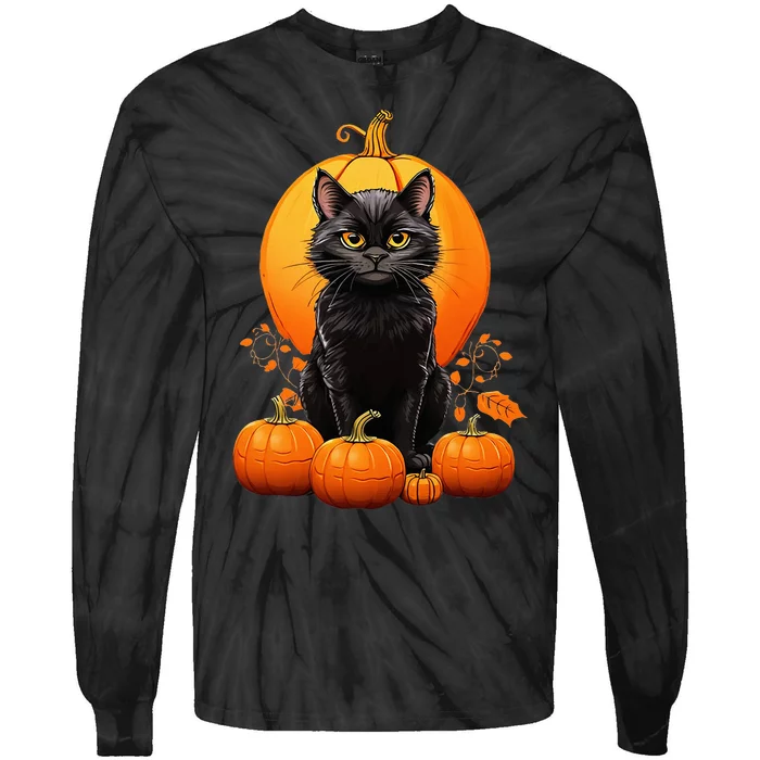 Black Cat Halloween Pumpkin Costume Tie-Dye Long Sleeve Shirt