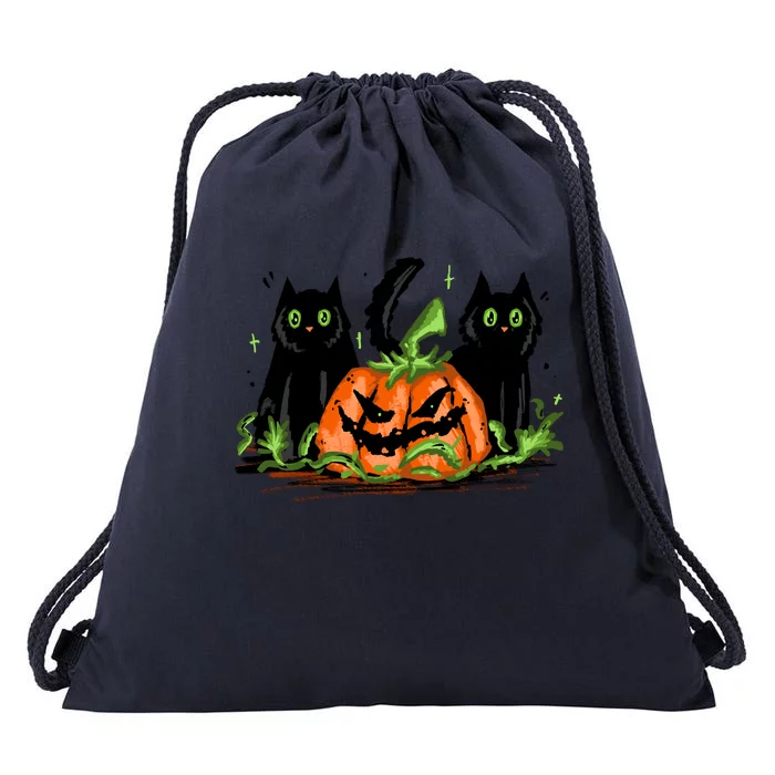 Black Cat Halloween Cute Pumpkin Drawstring Bag