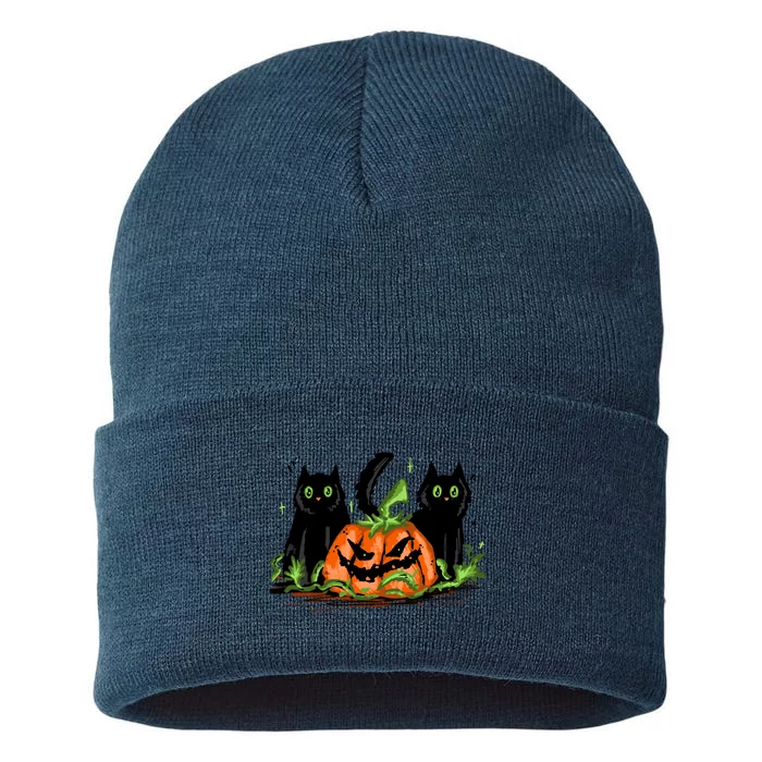 Black Cat Halloween Cute Pumpkin Sustainable Knit Beanie