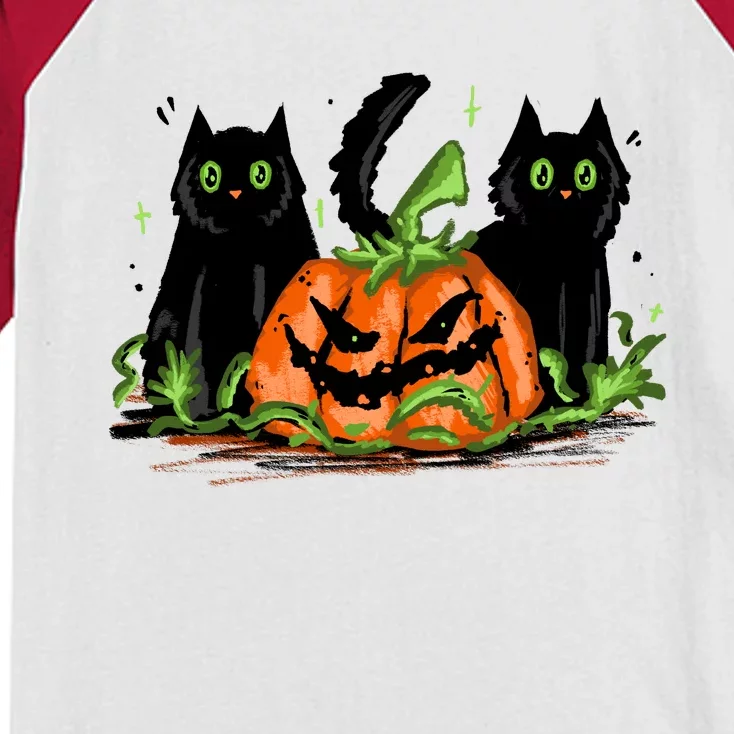 Black Cat Halloween Cute Pumpkin Kids Colorblock Raglan Jersey