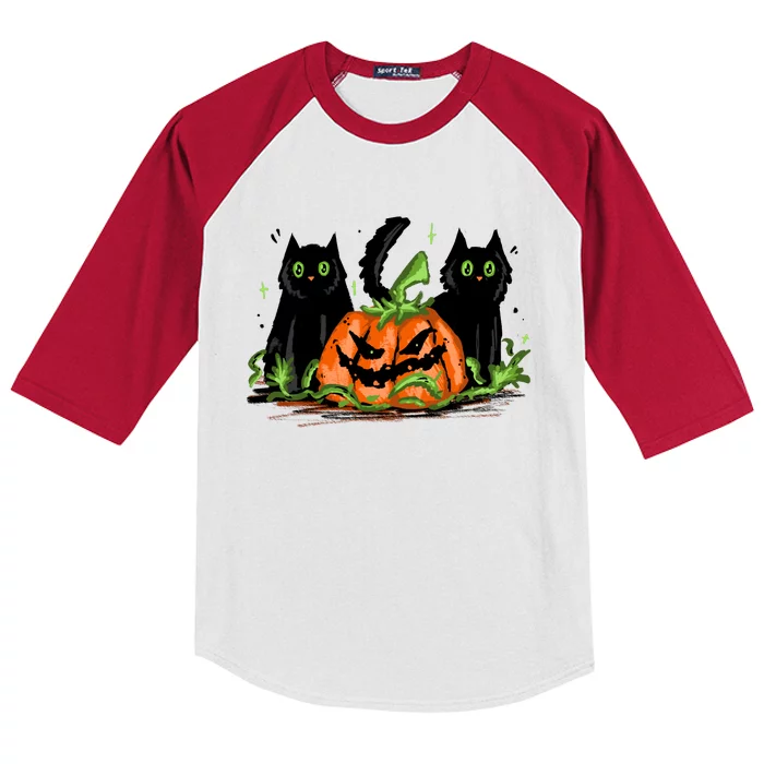 Black Cat Halloween Cute Pumpkin Kids Colorblock Raglan Jersey