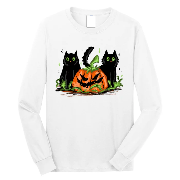 Black Cat Halloween Cute Pumpkin Long Sleeve Shirt