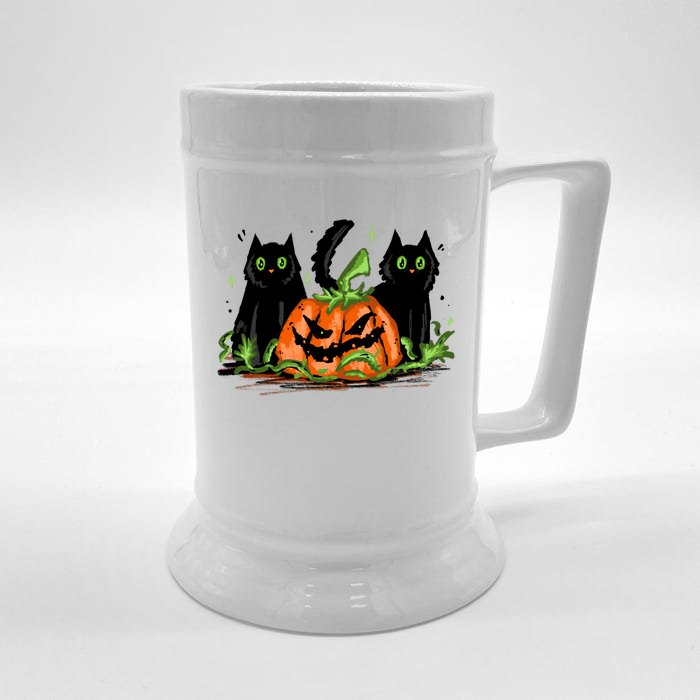 Black Cat Halloween Cute Pumpkin Front & Back Beer Stein