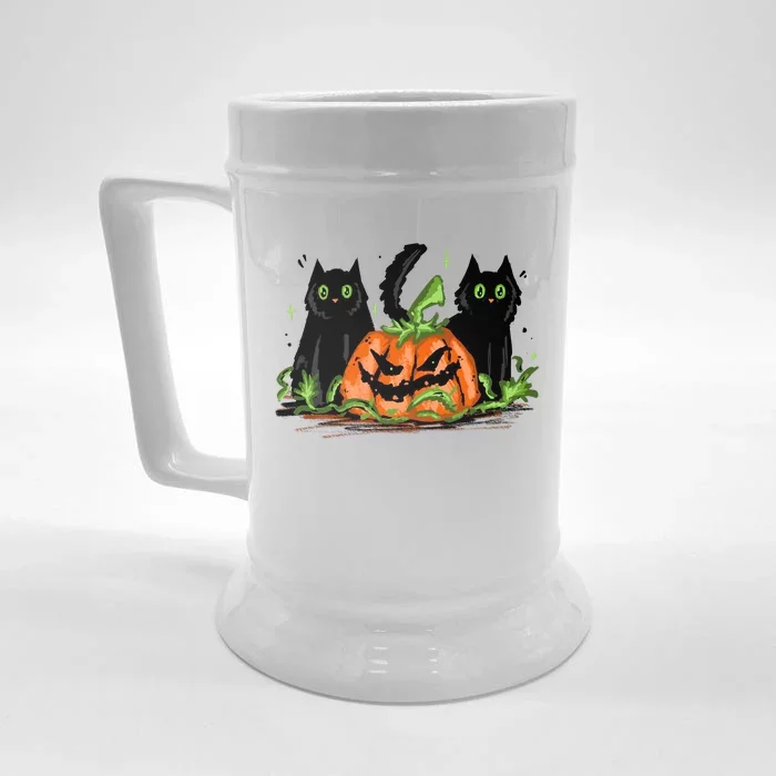 Black Cat Halloween Cute Pumpkin Front & Back Beer Stein