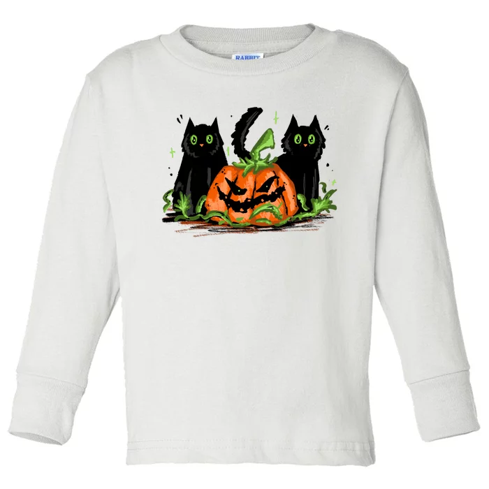 Black Cat Halloween Cute Pumpkin Toddler Long Sleeve Shirt