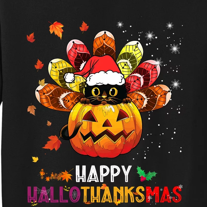 Black Cat Halloween And Merry Christmas Happy Hallothanksmas Sweatshirt