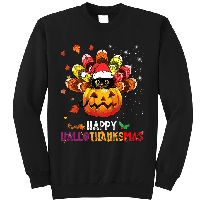 Black Cat Halloween And Merry Christmas Happy Hallothanksmas Sweatshirt