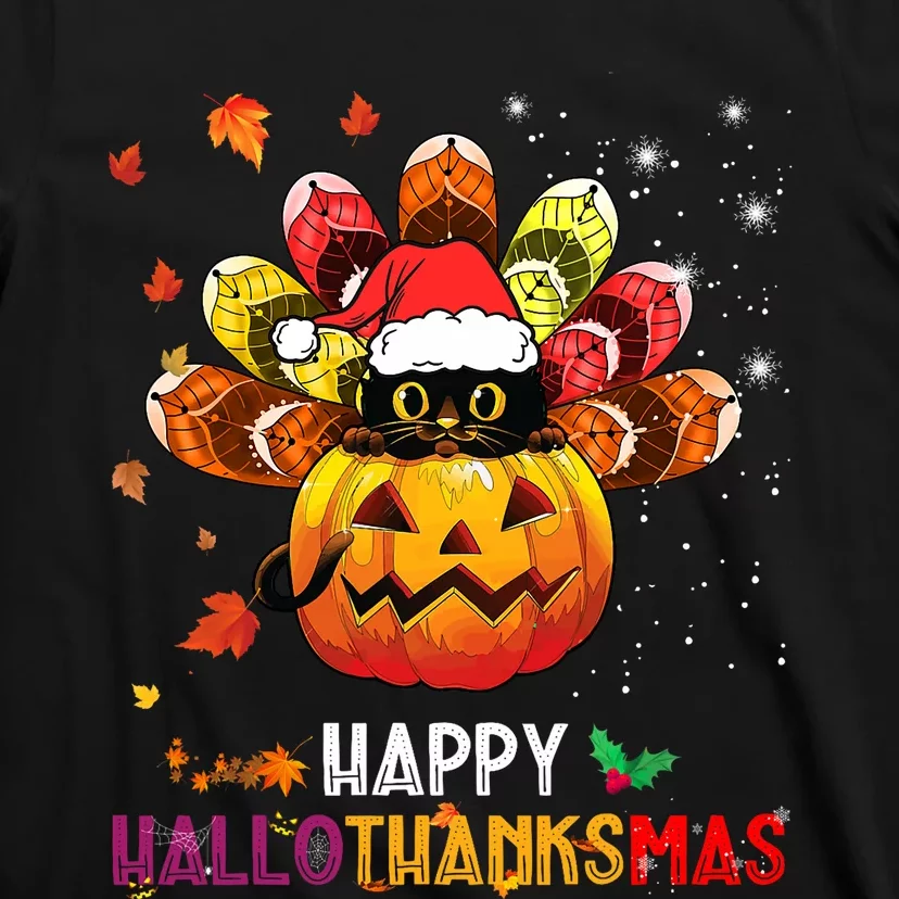 Black Cat Halloween And Merry Christmas Happy Hallothanksmas T-Shirt