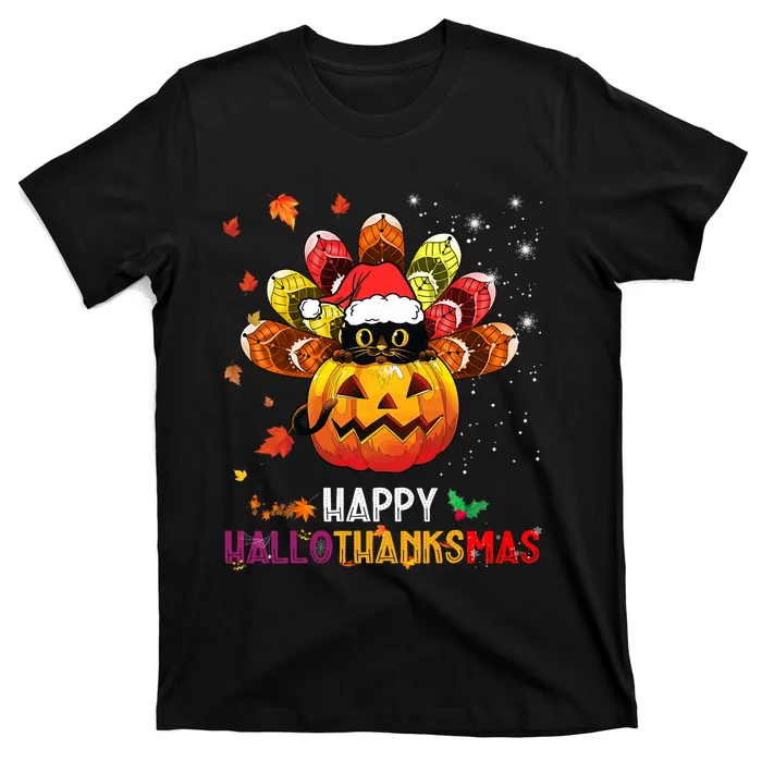 Black Cat Halloween And Merry Christmas Happy Hallothanksmas T-Shirt