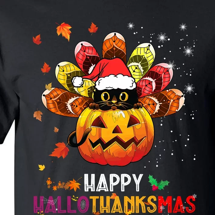 Black Cat Halloween And Merry Christmas Happy Hallothanksmas Tall T-Shirt