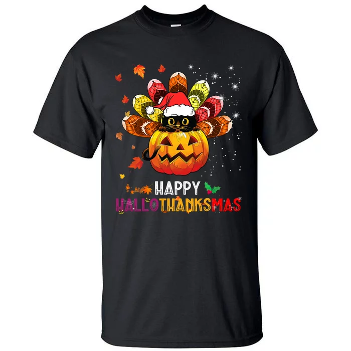 Black Cat Halloween And Merry Christmas Happy Hallothanksmas Tall T-Shirt