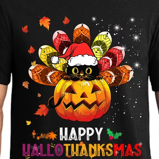 Black Cat Halloween And Merry Christmas Happy Hallothanksmas Pajama Set