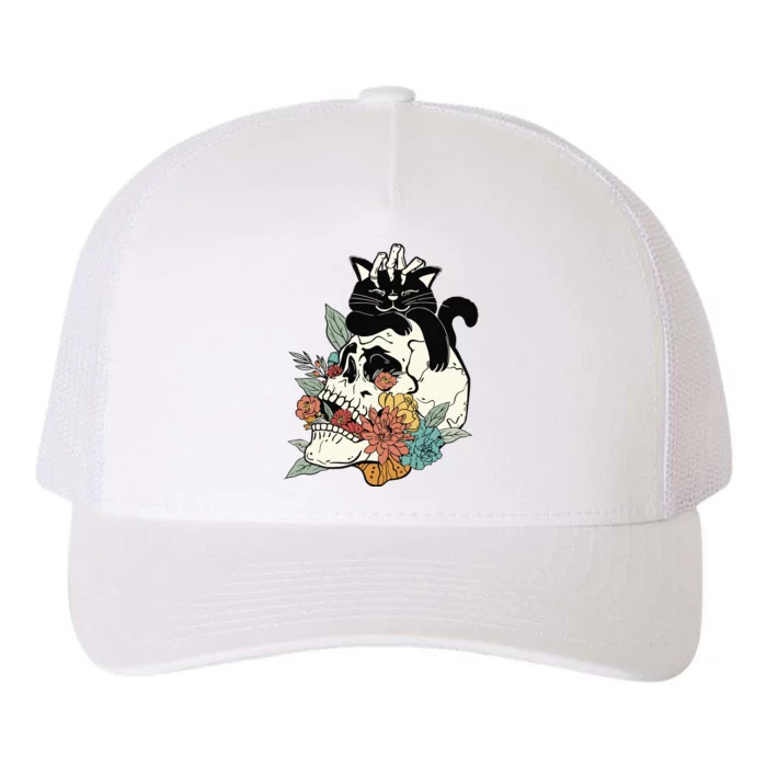 Black Cat Halloween Skull Yupoong Adult 5-Panel Trucker Hat