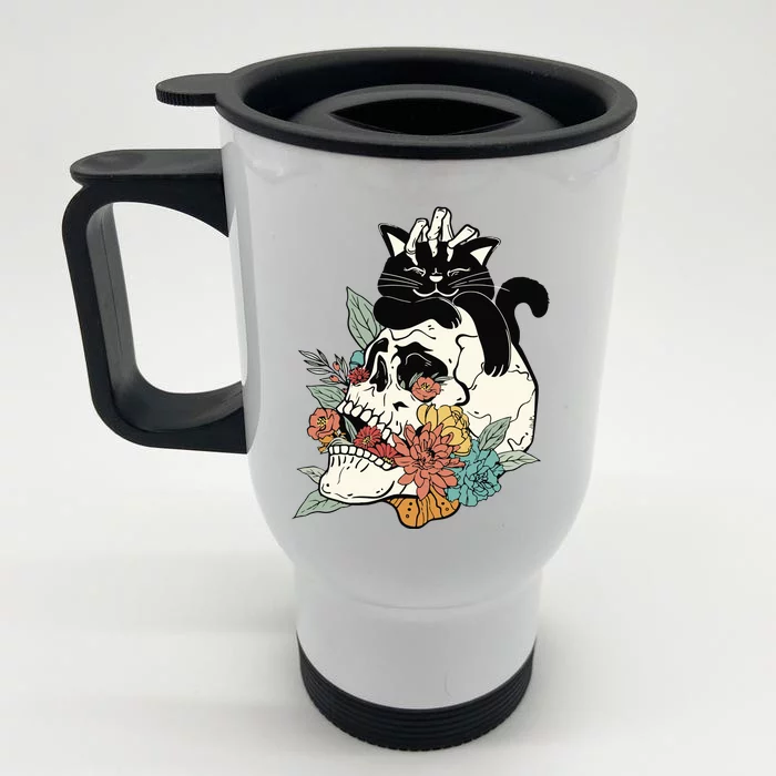 Black Cat Halloween Skull Front & Back Stainless Steel Travel Mug